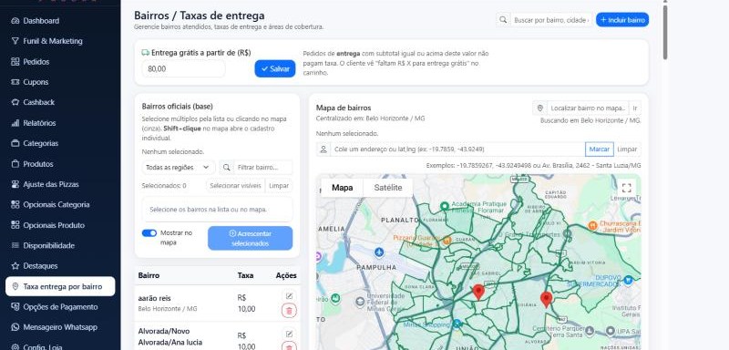 Tela de bairros e taxas de entrega com mapa dos bairros atendidos